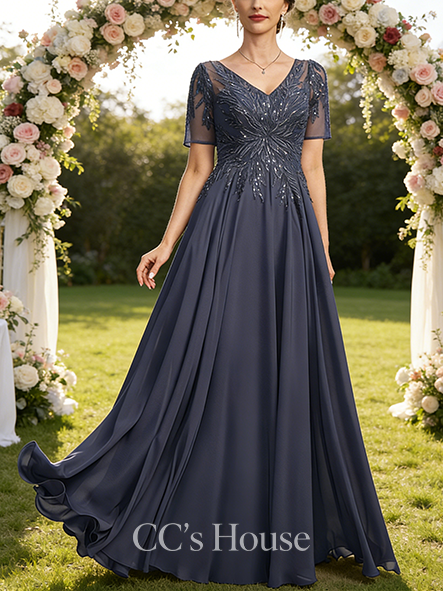 Grandmother A-line Luxury V-Neck Illusion Floor-Length Lace Chiffon Mother of the Bride Dress With Sequins