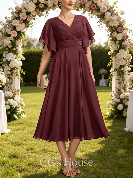 Black Tie Event A-line Chic V-Neck Tea-Length Chiffon Mother of the Bride Dress With Pleated Beading