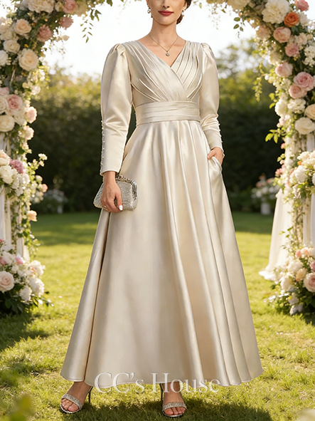 A-line Chic V-Neck Ankle-Length Satin Mother of the Bride Dress With Pleated