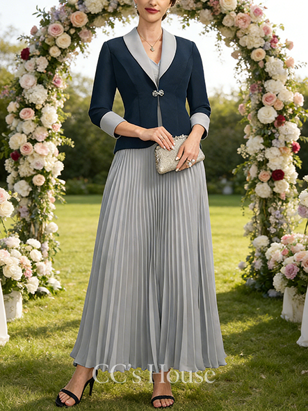 A-line Chic V-Neck Ankle-Length Chiffon Mother of the Bride Dress With Pleated Sequins Beading