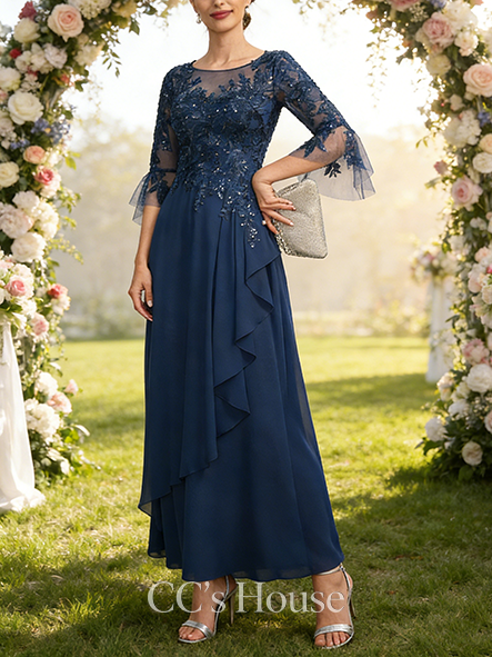 A-line Chic Scoop Illusion Floor-Length Lace Chiffon Mother of the Bride Dress With Cascading Ruffles Sequins