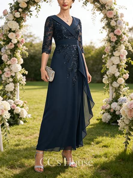 Wedding Guest A-line Chic Collared V-Neck Floor-Length Lace Chiffon Mother of the Bride Dress With Sequins Cascading Ruffles