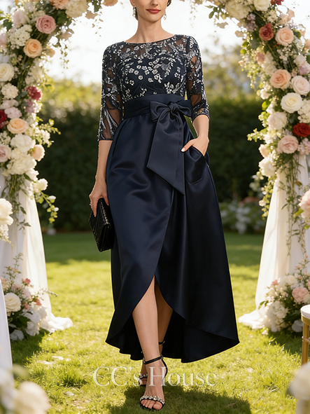 A-line Chic Scoop Illusion Asymmetrical Satin Lace Mother of the Bride Dress With Bow Sequins