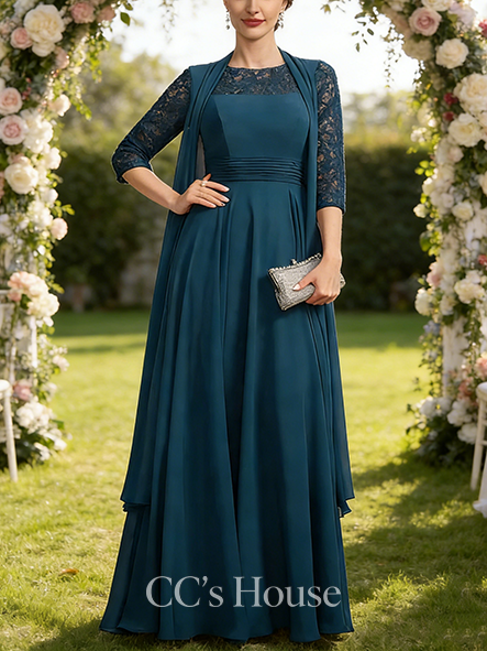 Wedding Guest A-line Chic Scoop Illusion Floor-Length Lace Chiffon Mother of the Bride Dress With Pleated