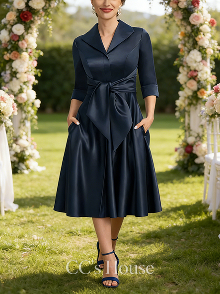 Grandmother A-line Chic V-Neck Collared Tea-Length Satin Mother of the Bride Dress With Bow