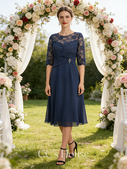 A-line Chic Scoop Illusion Tea-Length Chiffon Lace Mother of the Bride Dress With Beading