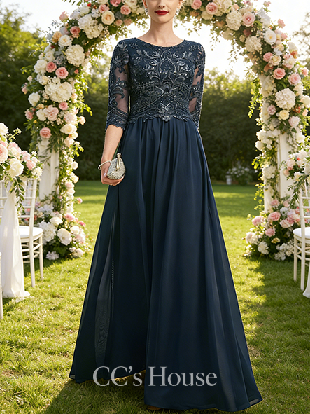 Black Tie Event A-line Chic Scoop Floor-Length Lace Chiffon Mother of the Bride Dress With Sequins Pleated
