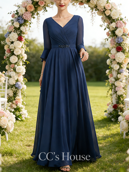 A-line Chic V-Neck Ankle-Length Chiffon Mother of the Bride Dress With Pleated Sequins Beading