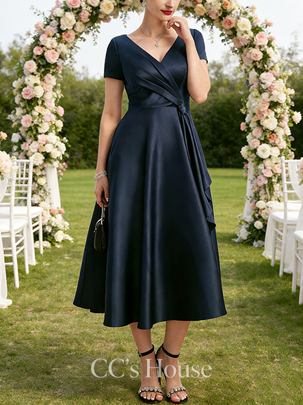 A-line Chic V-Neck Tea-Length Satin Mother of the Bride Dress With Cascading Ruffles
