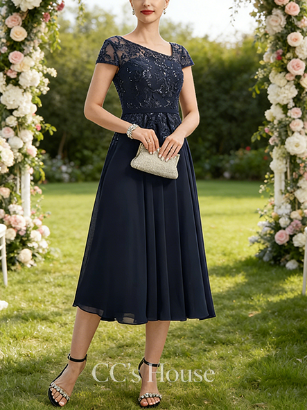 Black Tie Event A-line Chic Asymmetrical Tea-Length Lace Chiffon Mother of the Bride Dress With Sequins