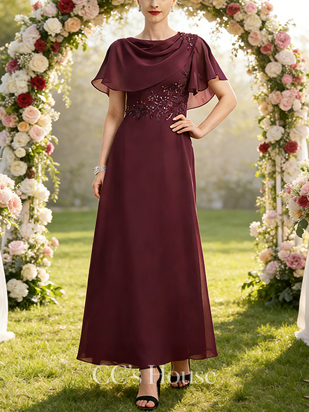 A-line Chic Scoop Floor-Length Chiffon Mother of the Bride Dress With Appliques Lace Cape Sequins