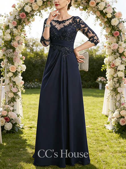 Wedding Guest A-line Chic Scoop Illusion Floor-Length Lace Chiffon Mother of the Bride Dress With Sequins Pleated