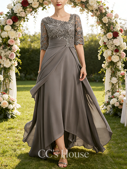 Black Tie Event A-line Chic Asymmetrical Asymmetrical Lace Chiffon Mother of the Bride Dress With Pleated Sequins