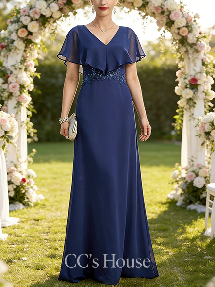 A-line Chic V-Neck Floor-Length Chiffon Mother of the Bride Dress With Appliques Lace Cape Sequins Beading