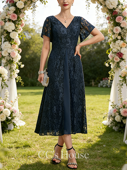 New Arrival A-line Chic V-Neck Tea-Length Lace Chiffon Mother of the Bride Dress