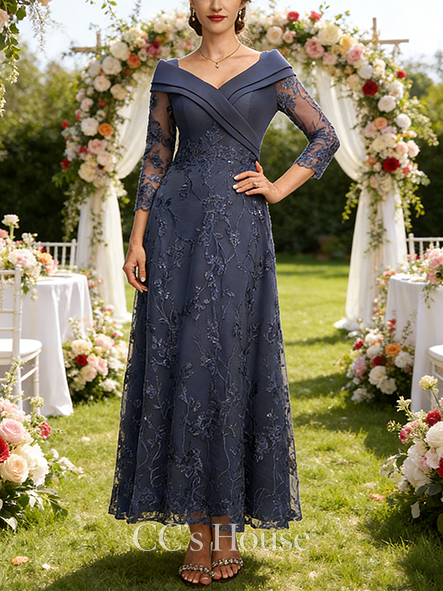 A-line Elegant V-Neck Ankle-Length Lace Chiffon Mother of the Bride Dress With Pleated Sequins