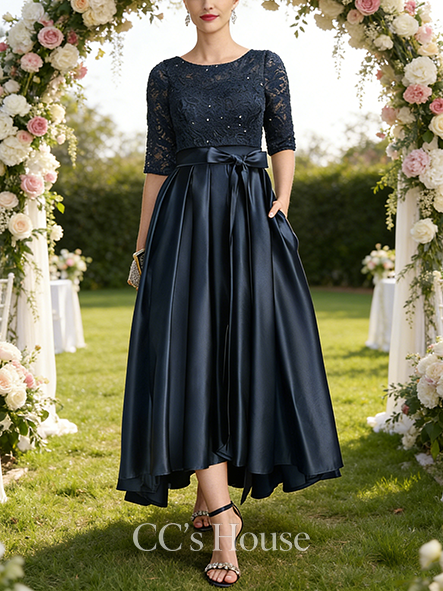 A-line Chic Scoop Asymmetrical Satin Lace Mother of the Bride Dress With Bow Sequins
