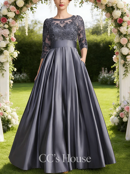 Wedding Guest A-line Chic Scoop Illusion Floor-Length Satin Lace Mother of the Bride Dress With Sequins Bow