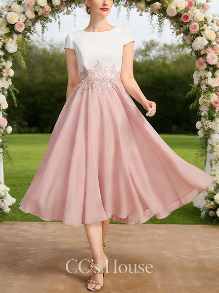 Fall A-line Chic Scoop Tea-Length Chiffon Mother of the Bride Dress With Sequins Appliques Lace