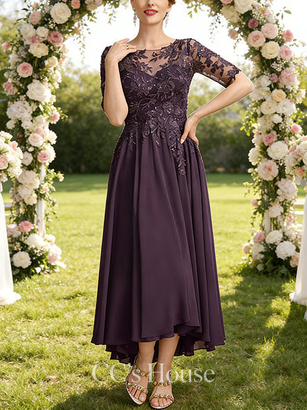 A-line Chic Scoop Illusion Asymmetrical Lace Chiffon Mother of the Bride Dress With Sequins