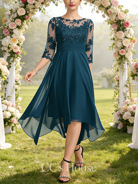 Wedding Guest A-line Chic Illusion Scoop Asymmetrical Lace Chiffon Mother of the Bride Dress With Sequins