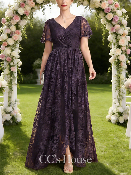 Grandmother A-line Chic V-Neck Asymmetrical Lace Mother of the Bride Dress With Cascading Ruffles