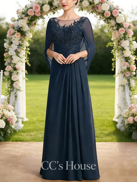 New Arrival A-line Chic Illusion Scoop Floor-Length Lace Chiffon Mother of the Bride Dress With Sequins Cape Pleated