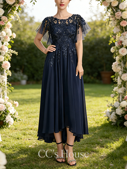 A-line Chic Scoop Illusion Asymmetrical Lace Chiffon Mother of the Bride Dress With Sequins