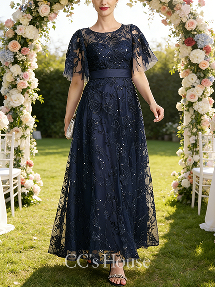 A-line Chic Scoop Illusion Ankle-Length Lace Mother of the Bride Dress With Sequins