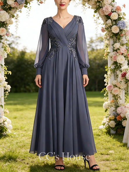 A-line Chic V-Neck Floor-Length Chiffon Mother of the Bride Dress With Sequins Appliques Lace Pleated