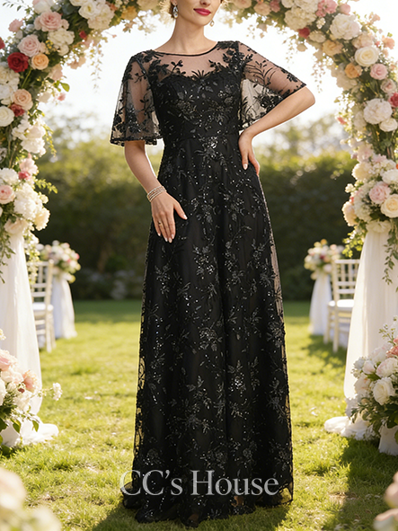 New Arrival A-line Chic Scoop Illusion Floor-Length Sequin Lace Mother of the Bride Dress
