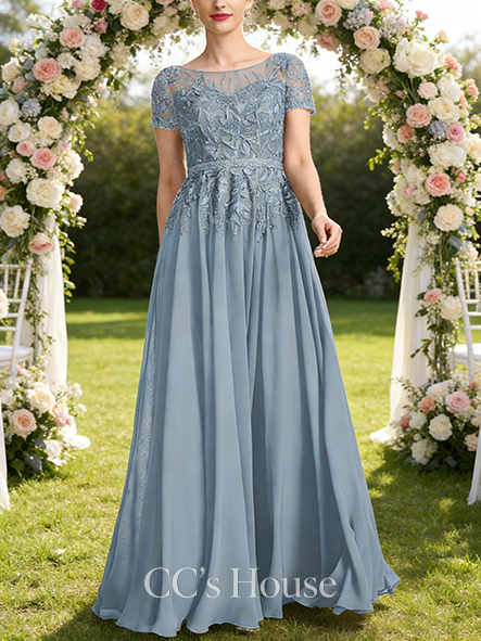 New Arrival A-line Chic Illusion Scoop Floor-Length Lace Chiffon Mother of the Bride Dress With Sequins