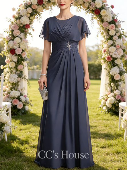 A-line Chic Scoop Floor-Length Chiffon Mother of the Bride Dress With Pleated Beading