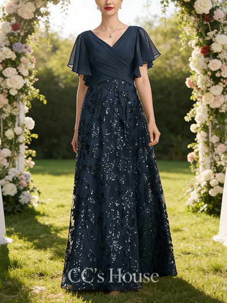 A-line Chic V-Neck Floor-Length Lace Sequin Chiffon Mother of the Bride Dress With Pleated