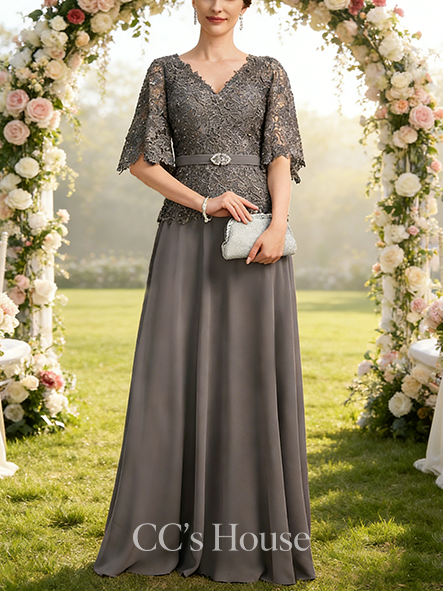 Grandmother A-line Chic V-Neck Floor-Length Chiffon Lace Mother of the Bride Dress With Crystal Brooch Rhinestone