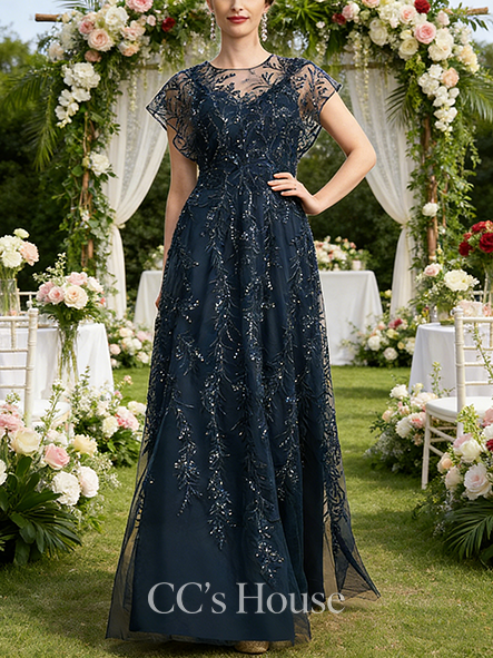 Black Tie Event A-line Chic Scoop Illusion Floor-Length Tulle Lace Mother of the Bride Dress With Sequins