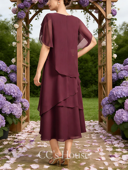 A-line Chic Scoop Tea-Length Chiffon Mother of the Bride Dress