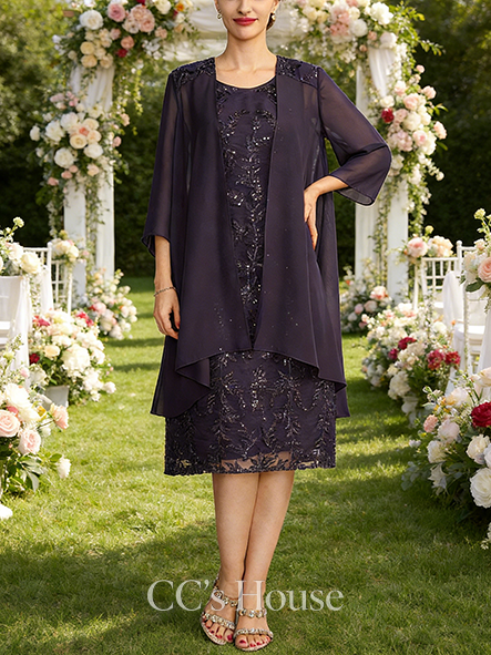 New Arrival A-line Elegant Scoop Knee-Length Lace Mother of the Bride Dress With Sequins