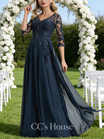 A-line Chic V-Neck Floor-Length Lace Chiffon Mother of the Bride Dress With Sequins
