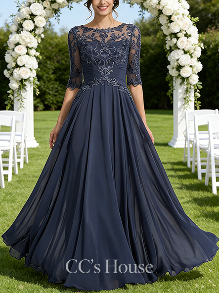 Wedding Guest A-line Chic Scoop Illusion Floor-Length Lace Chiffon Mother of the Bride Dress With Pleated Sequins