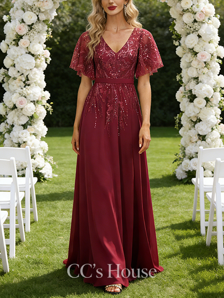 A-line Chic V-Neck Floor-Length Lace Chiffon Mother of the Bride Dress With Sequins