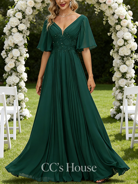 A-line Chic V-Neck Floor-Length Chiffon Mother of the Bride Dress With Sequins Appliques Lace Pleated