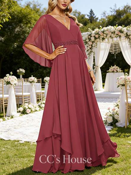 Grandmother A-line Chic V-Neck Floor-Length Chiffon Mother of the Bride Dress With Sequins Appliques Lace Beading