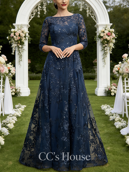 Wedding Guest A-line Chic Scoop Illusion Floor-Length Lace Mother of the Bride Dress With Sequins