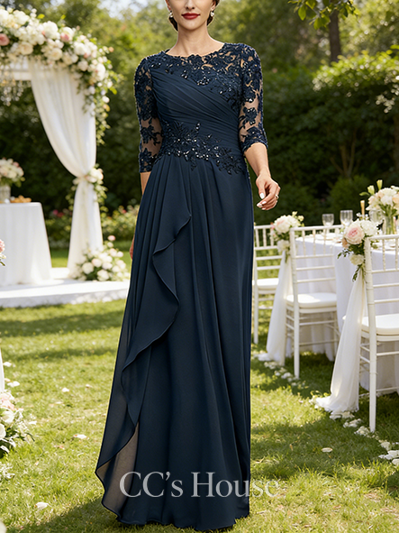 A-line Chic Scoop Floor-Length Lace Chiffon Mother of the Bride Dress With Cascading Ruffles Sequins