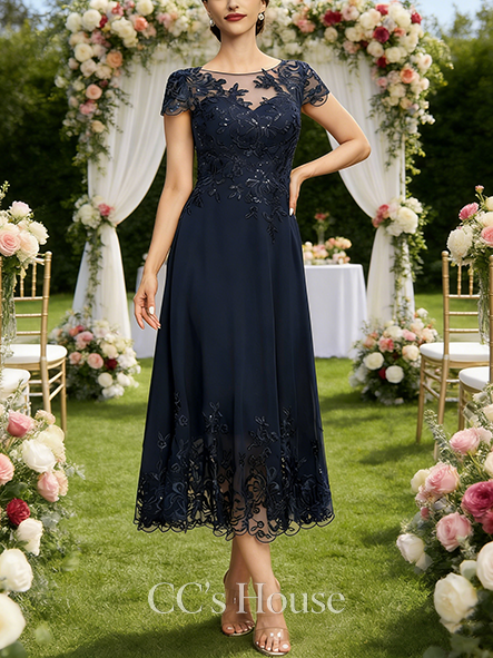 A-line Chic Scoop Illusion Tea-Length Lace Chiffon Mother of the Bride Dress With Sequins