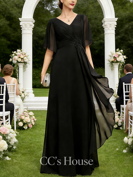 Black Tie Event A-line Chic V-Neck Floor-Length Chiffon Mother of the Bride Dress With Beading Overskirt Sequins Cascading Ruffles