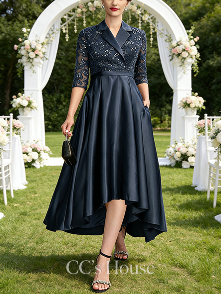 Wedding Guest A-line Chic Collared V-Neck Asymmetrical Satin Lace Mother of the Bride Dress With Sequins