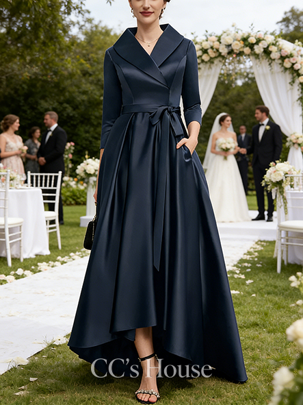 A-line Chic V-Neck Collared Asymmetrical Satin Mother of the Bride Dress With Bow