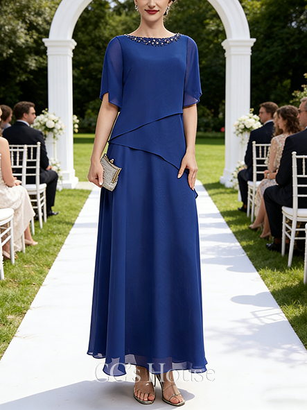 Black Tie Event A-line Chic Scoop Ankle-Length Chiffon Mother of the Bride Dress With Beading